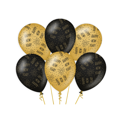 Classy Ballonnen Happy New Year Zwart/Goud (6st)