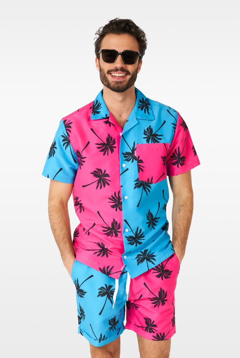 OppoSuits Parallel Palm Heren Zomer Set  - Bevat Shirt En Shorts - Tropische Zwem Kleding - Meerkleurig - Maat S