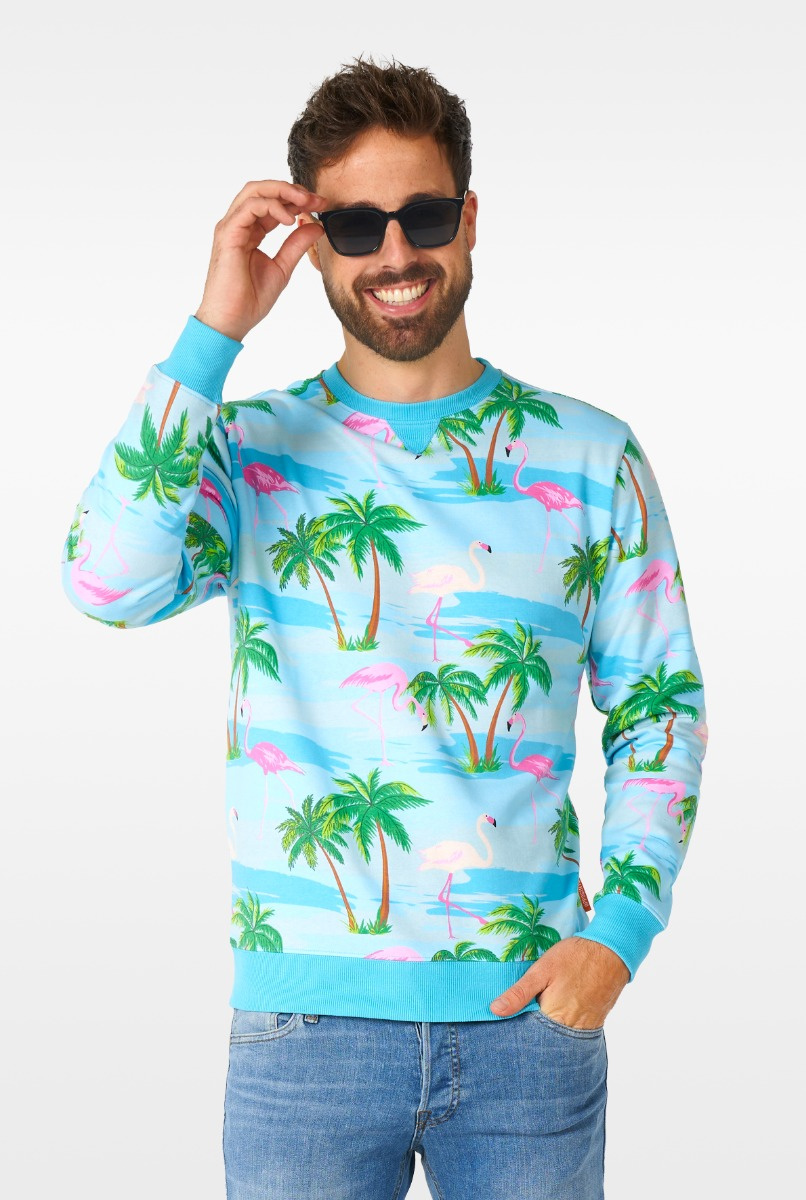 OppoSuits Flaminguy - Heren Sweater - Tropische Flamingo Trui - Blauw - Maat M