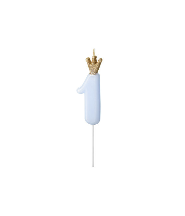 Kaarsje lichtblauw met Kroontje cijfer 1