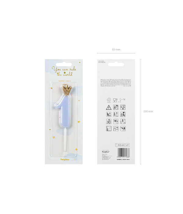 Kaarsje lichtblauw met Kroontje cijfer 1