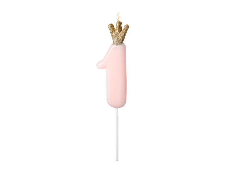 Kaarsje lichtroze met Kroontje cijfer 1