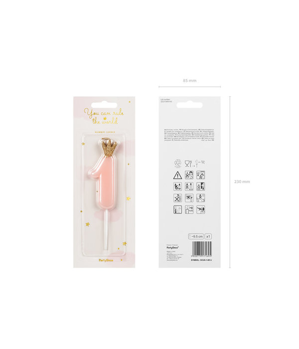 Kaarsje lichtroze met Kroontje cijfer 1