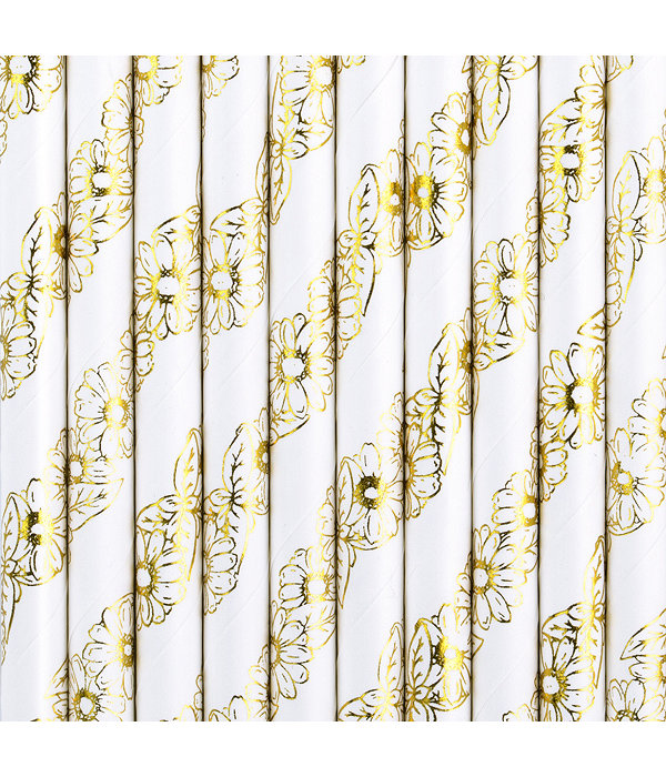 Papieren Rietjes Met Madeliefjes Wit/Goud (10st)