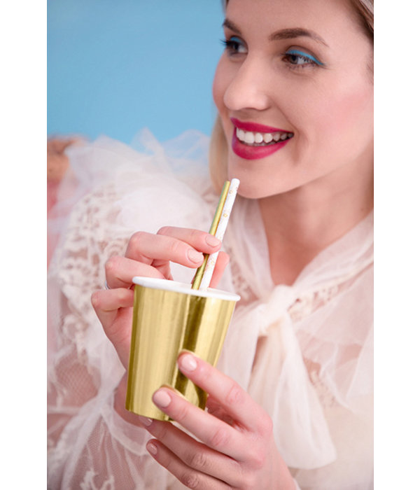 Papieren Rietjes Met Madeliefjes Wit/Goud (10st)