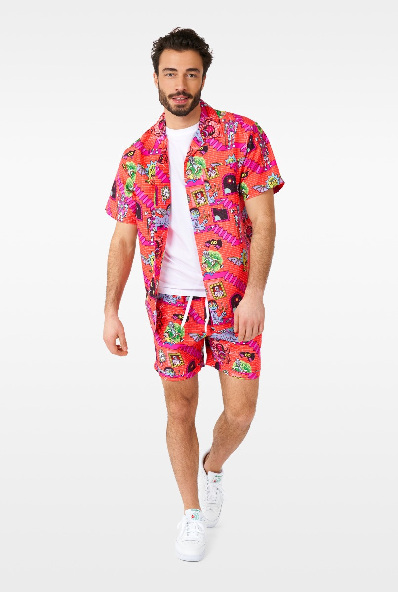 OppoSuits Rick & Morty™ Surreal Heren Zomer Set  - Bevat Shirt En Shorts - Tropische Zwem Kleding - Rood - Maat L