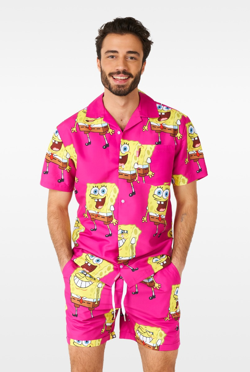 OppoSuits SpongeBob™ Pink Heren Zomer Set  - Bevat Shirt En Shorts - Tropische Zwem Kleding - Roze - Maat M