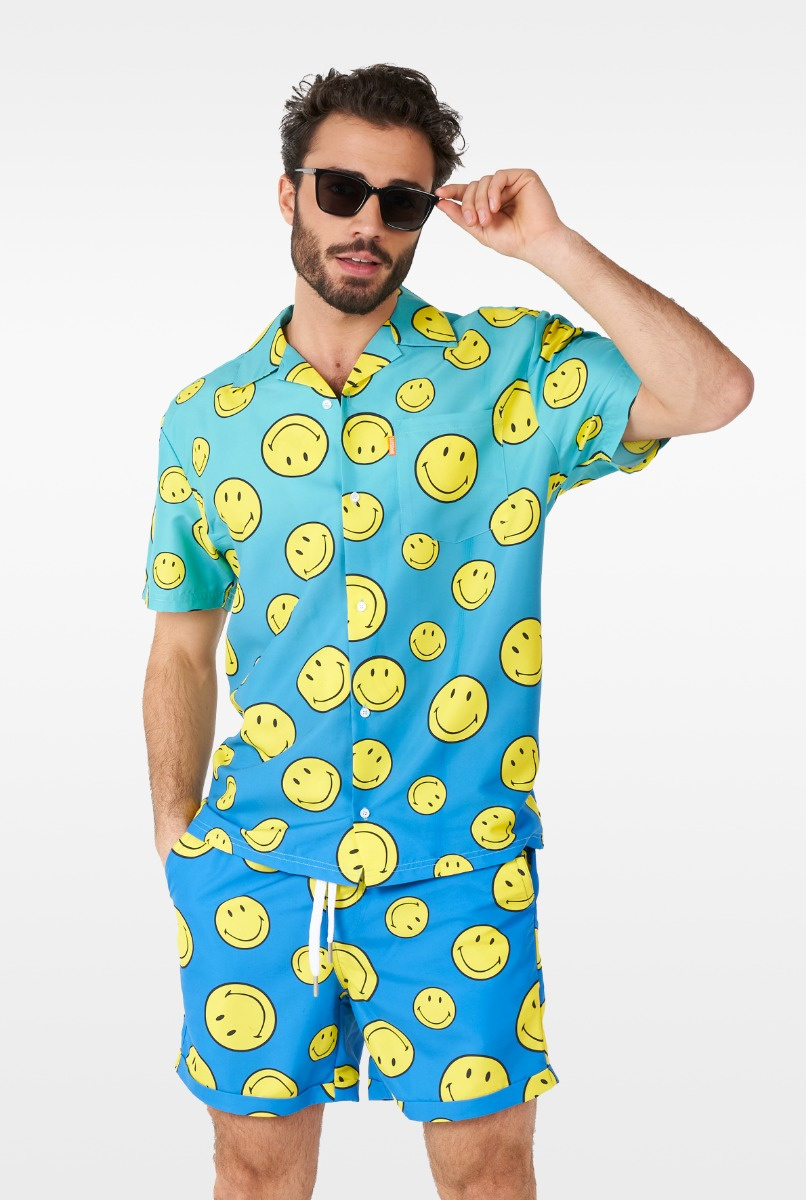 OppoSuits Smiley™ Summer Fade Heren Zomer Set  - Bevat Shirt En Shorts - Tropische Zwem Kleding - Blauw - Maat S