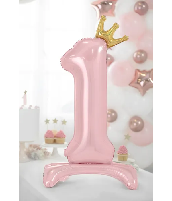 Folieballon Cijfer 1 Lichtroze Op Standaard 84cm