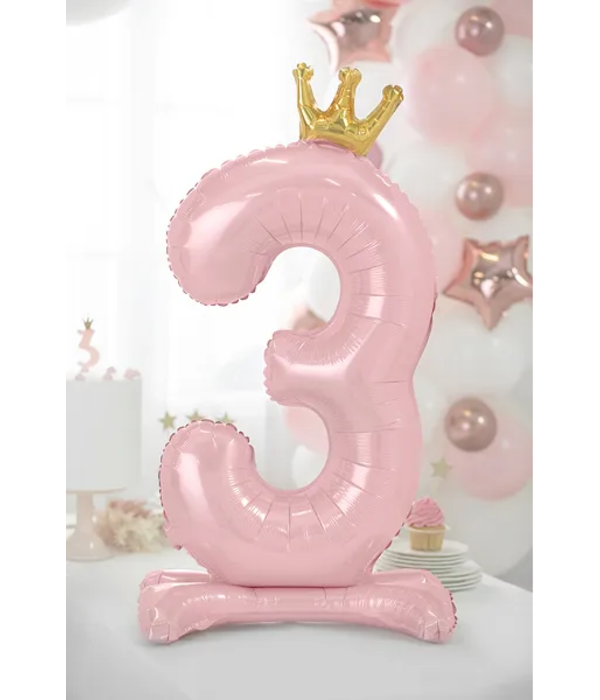Folieballon Cijfer 3 Lichtroze Op Standaard 84cm