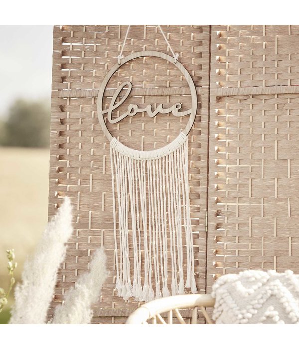 Houten Hangdecoratie Love met Macrame