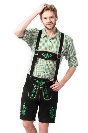 Tannhauser Lederhosen Otto Kort  100% Echt Leder Heren Oktoberfest Heren Carnavalskleding Heren Lederhosen Man - Leer- Zwart/ Groen- M