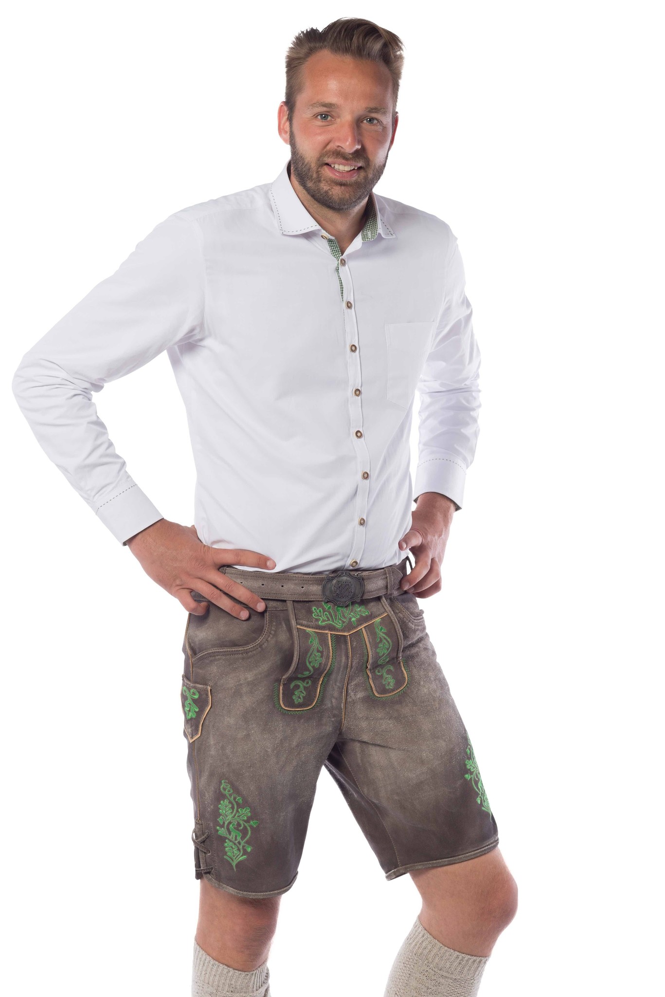 Tannhauser Lederhosen Gaudi Kort 100% Echt Leder Oktoberfest Heren Lederhosen Man -Leer- Bruin/Groen-XXL