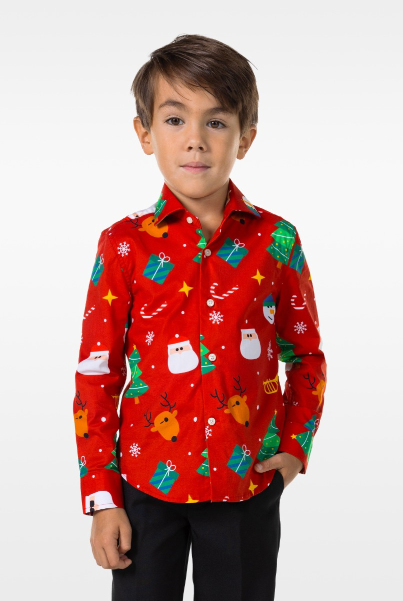 OppoSuits SHIRT LS Festivity Red Boys - Kids Overhemd - Kerstshirt - Rood - Maat 4 Jaar