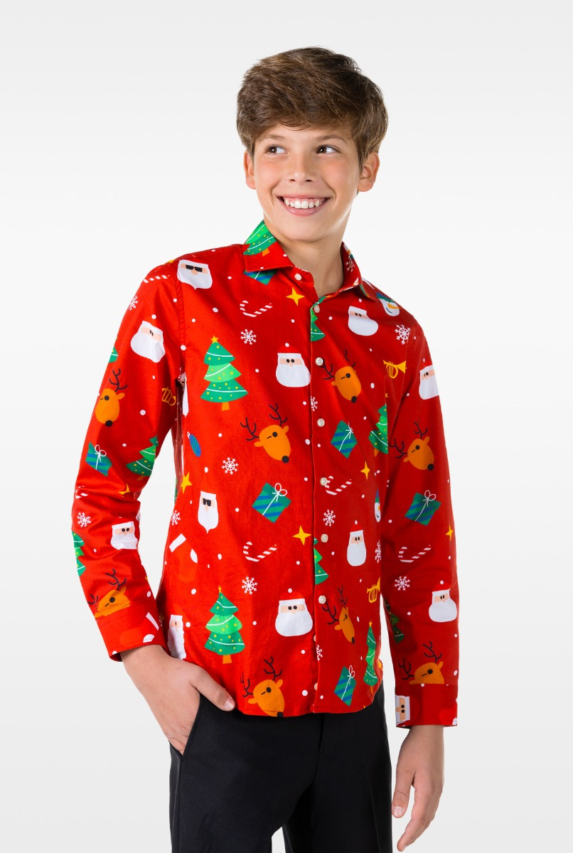 OppoSuits SHIRT LS Festivity Red Teen boys - Tiener Overhemd - Kerstshirt - Rood - Maat 12 Jaar
