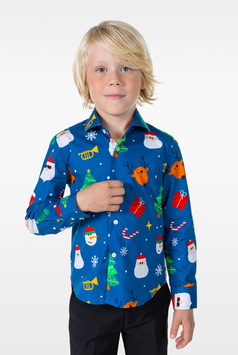 OppoSuits SHIRT LS Festivity Blue Boys - Kids Overhemd - Kerstshirt - Blauw - Maat 4 Jaar