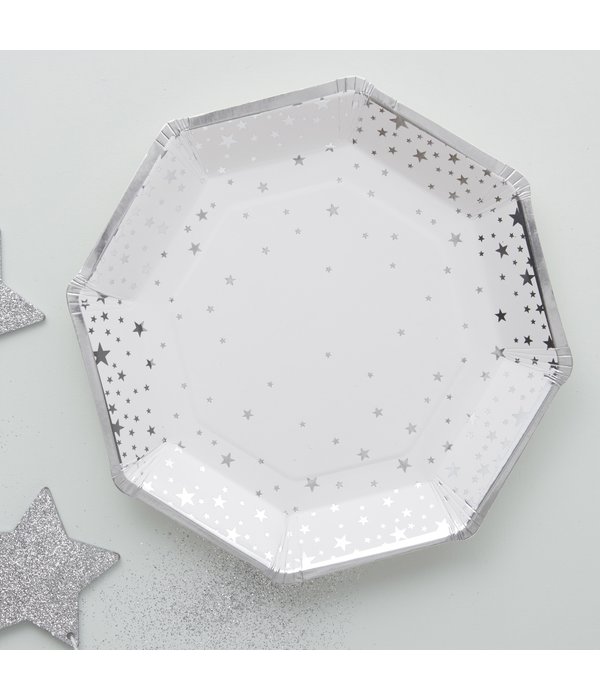 Witte Bordjes met Zilveren Sterren (8st)