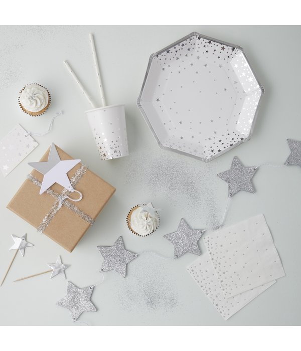 Witte Bordjes met Zilveren Sterren (8st)