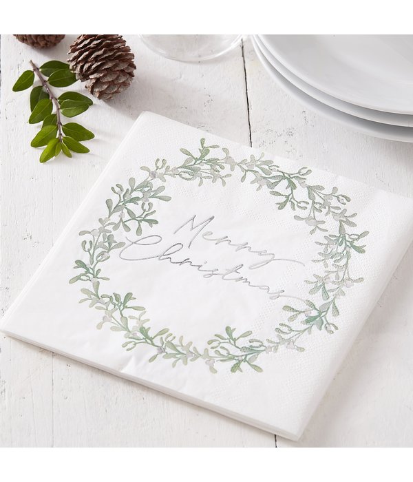 Servetten Merry Christmas Wit Kerstkrans (16st)