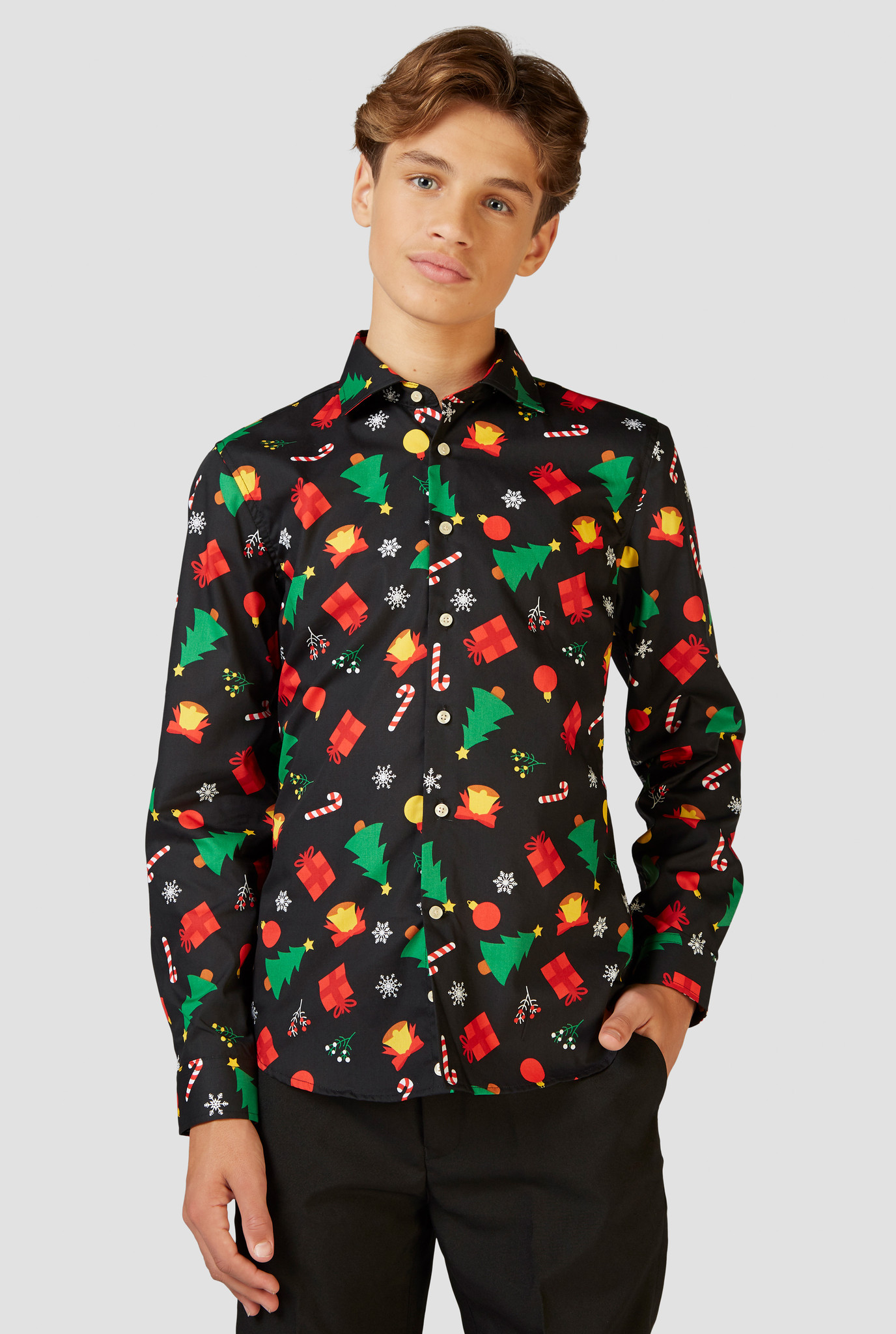Zwart Kerst Overhemd Kerstfiguren Tiener Opposuits afbeelding