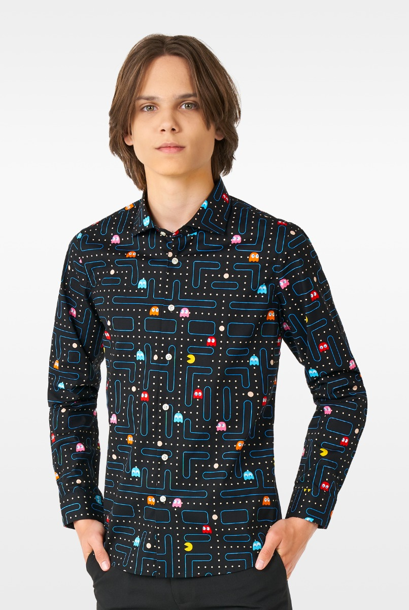 OppoSuits Lange Mouwen Overhemd PAC-MAN Teen Boys - Tiener Overhemd - Casual Gaming PAC-MAN Shirt- Zwart - Maat EU 158/164