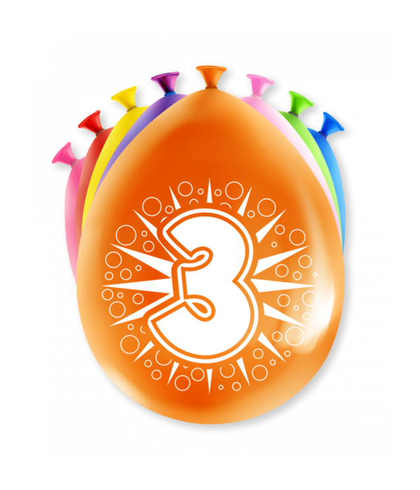 Party Ballonnen Hoera 3 Jaar - 8 Stuks