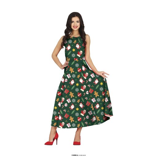 Kerstjurk Lang Groen Met X-Mas prints