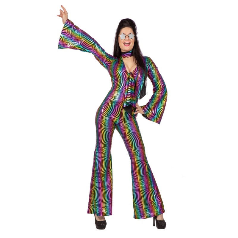 Wilbers - Jaren 80 & 90 Kostuum - Shiny Rainbow Jaren 80 Catsuit - Vrouw - multicolor - Maat 46 - Carnavalskleding - Verkleedkleding