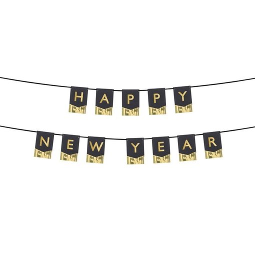 Letter Banner Happy New Year Zwart met Goud (170cm)