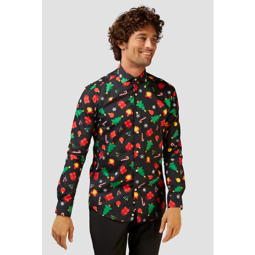 Kerstmis Blouse Heren Zwart met Kerstprints Opposuits
