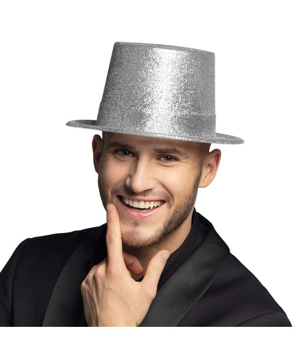 Hoge hoed zilver glitter pvc