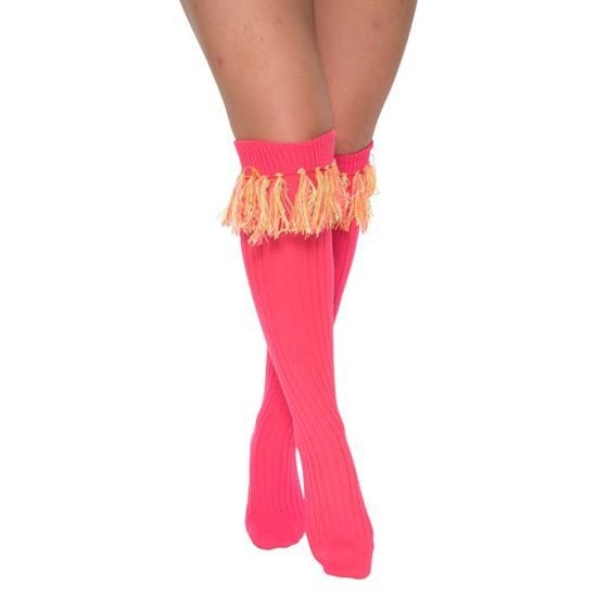Sokken over-knee pink met neon kwastjes afbeelding
