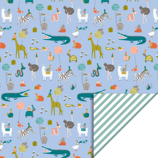 Cadeaupapier Feestende Dieren Print Sky Blue Stripe / Misty Green