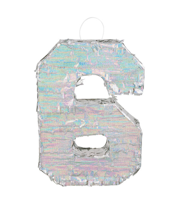 Piñata cijfer 6 holografisch zilver (40x28cm)