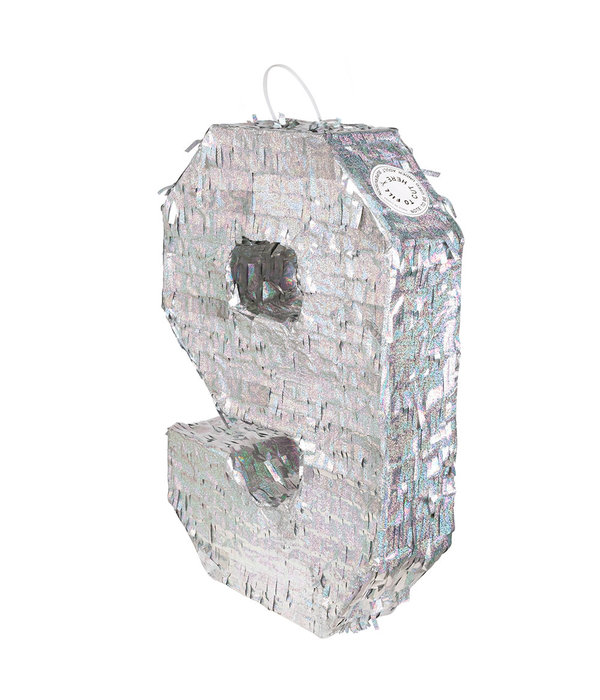 Piñata cijfer 9 holografisch zilver (40x28cm)
