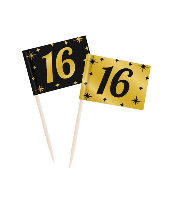Classy Cocktail Prikkers 16 Jaar Zwart/Goud (50st)