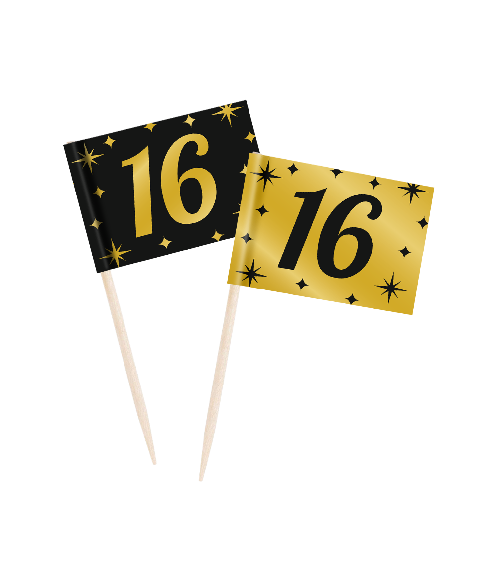 Classy Cocktail Prikkers 16 Jaar Zwart/Goud (50st) afbeelding