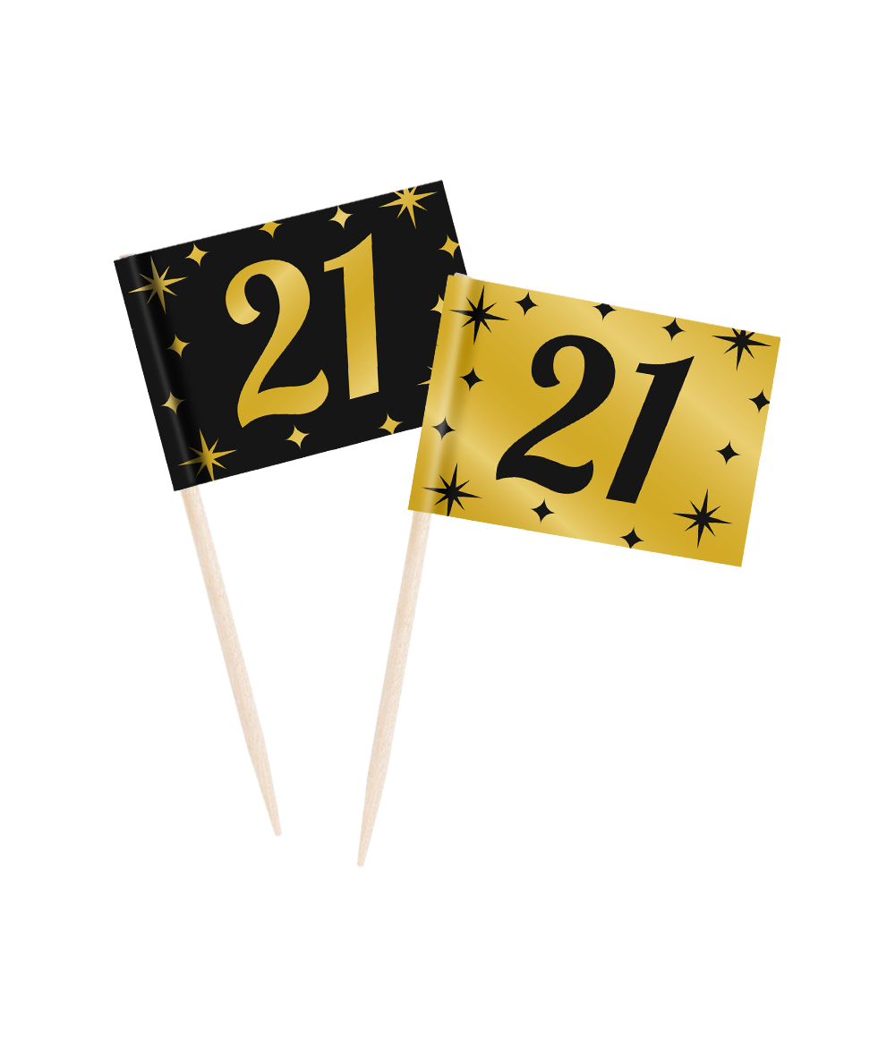 Classy Cocktail Prikkers 21 Jaar Zwart/Goud (50st) afbeelding
