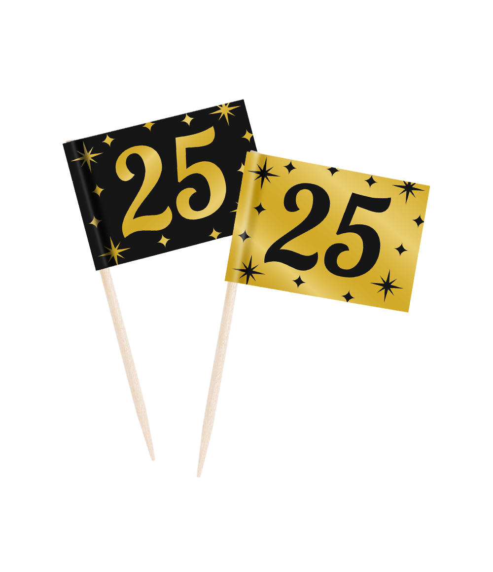 Classy Cocktail Prikkers 25 Jaar Zwart/Goud (50st)