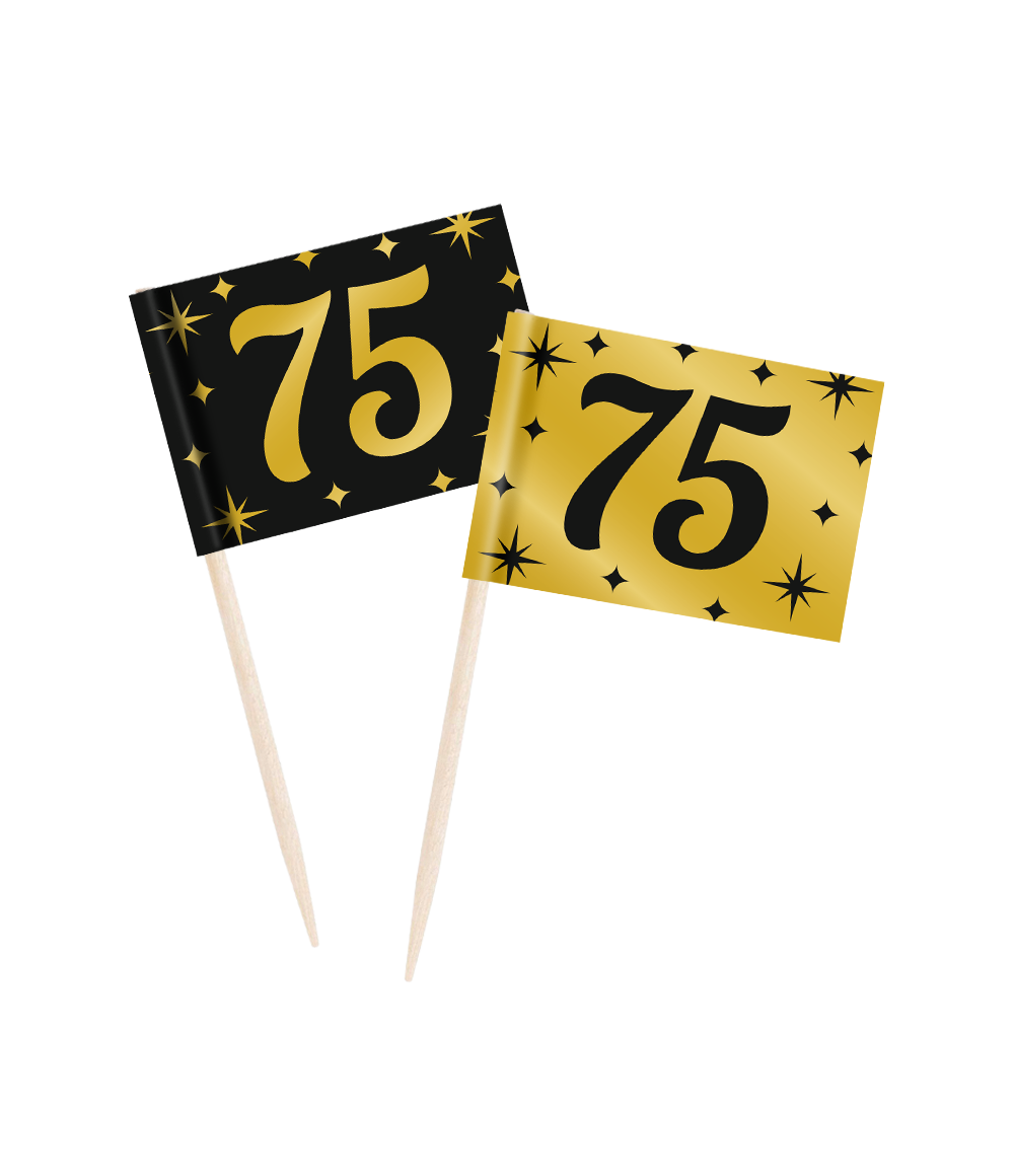 Classy Cocktail Prikkers 75 Jaar Zwart/Goud (50st)