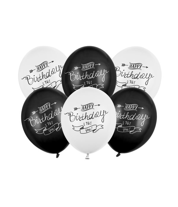 Pastel Ballonnen Set Happy Birthday Zwart/Wit (6st)