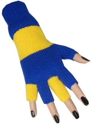 Vingerloze handschoenen blauw/geel gebreid afbeelding