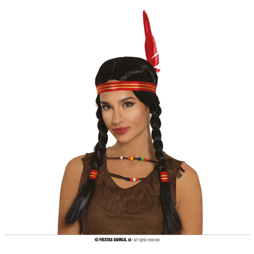 Indiaanse pruik met vlechtjes en hoofdband + veer