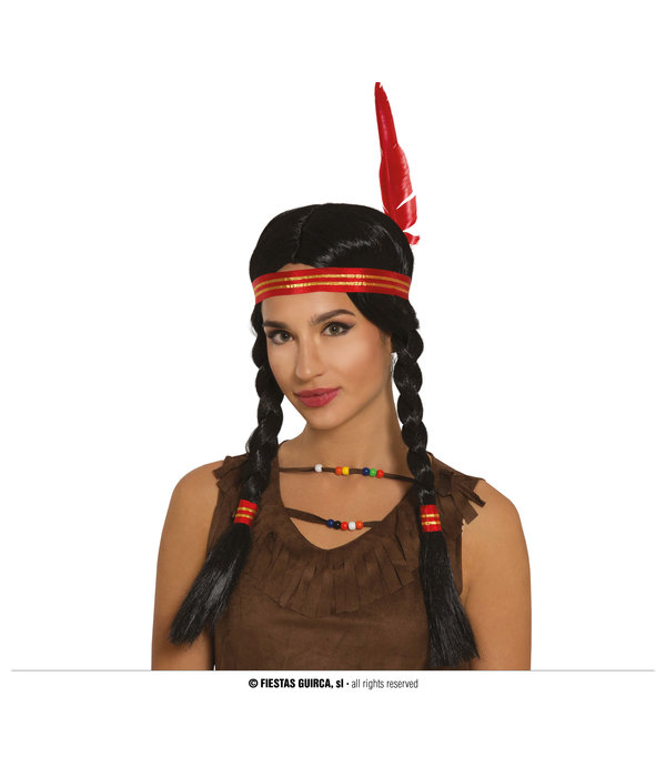 Indiaanse pruik met vlechtjes en hoofdband + veer