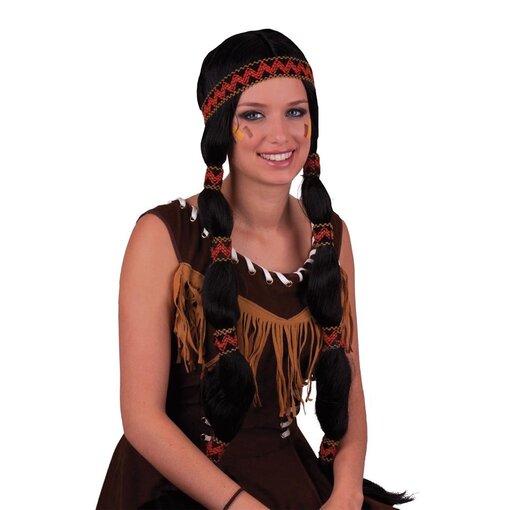 Pruik Indiaan Vrouw met Staarten en Hoofdband