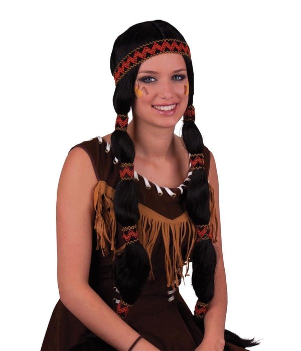 Pruik Indiaan Vrouw met Staarten en Hoofdband