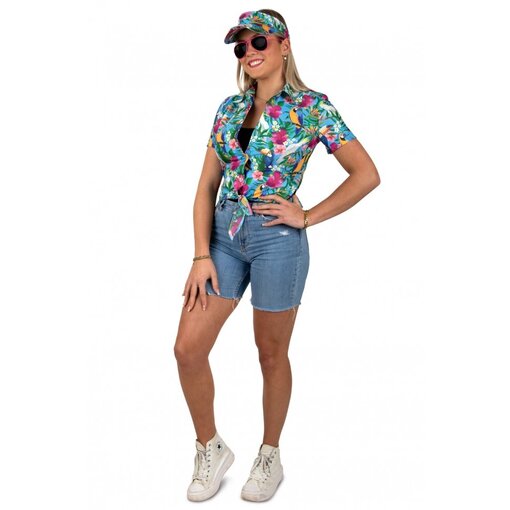 Hawaii Blouse Met Zonneklep Papegaaien Blauw