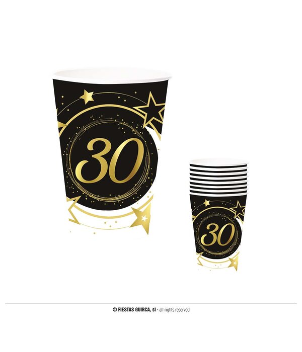 Bekers Sterren zwart/wit/goud 30 Jaar (6st)