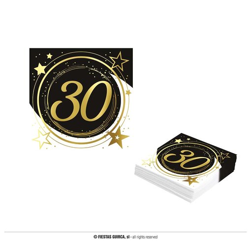 Servetten Sterren zwart/wit/goud 30 Jaar (12st)