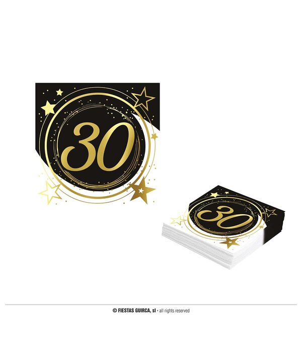 Servetten Sterren zwart/wit/goud 30 Jaar (12st)